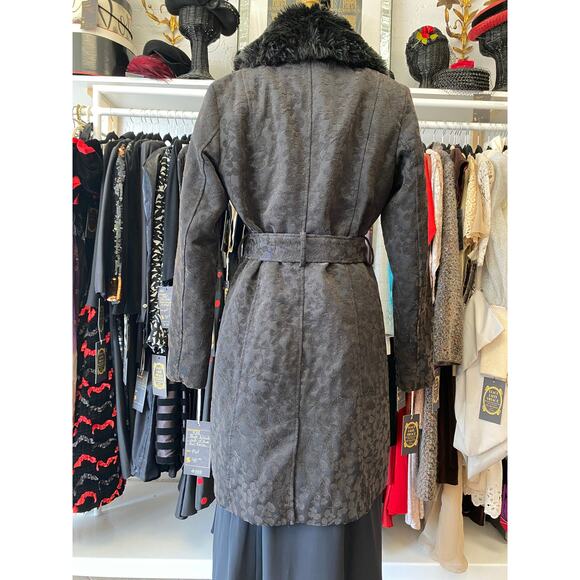 vintage y2k coat black brocade faux fur collar medium 1960s style gothic jacket - Picture 8 of 11